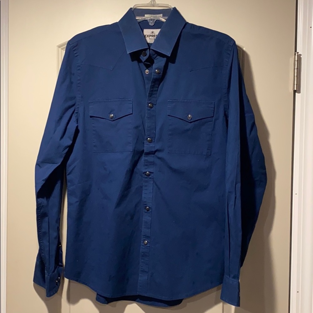 Express Men's Blue Snap Button Down Dress Shirt